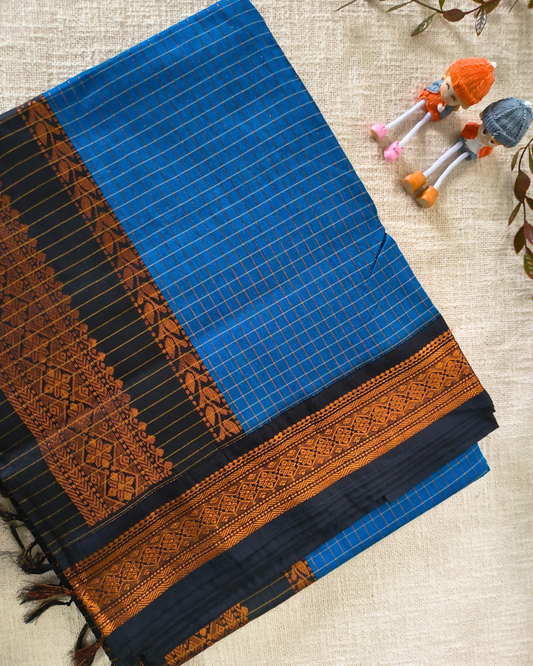 Premium Kalyani Cotton checked with Zari Border - Blue
