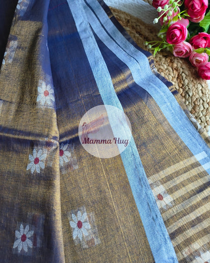 Handloom Cotton Tissue Saree with Machine Embroidery Design - Golden Blue