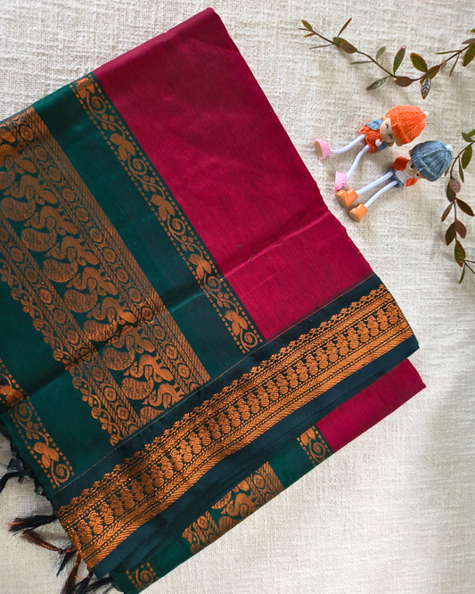 Premium Kalyani Cotton Plain Saree with Zari Border - Red