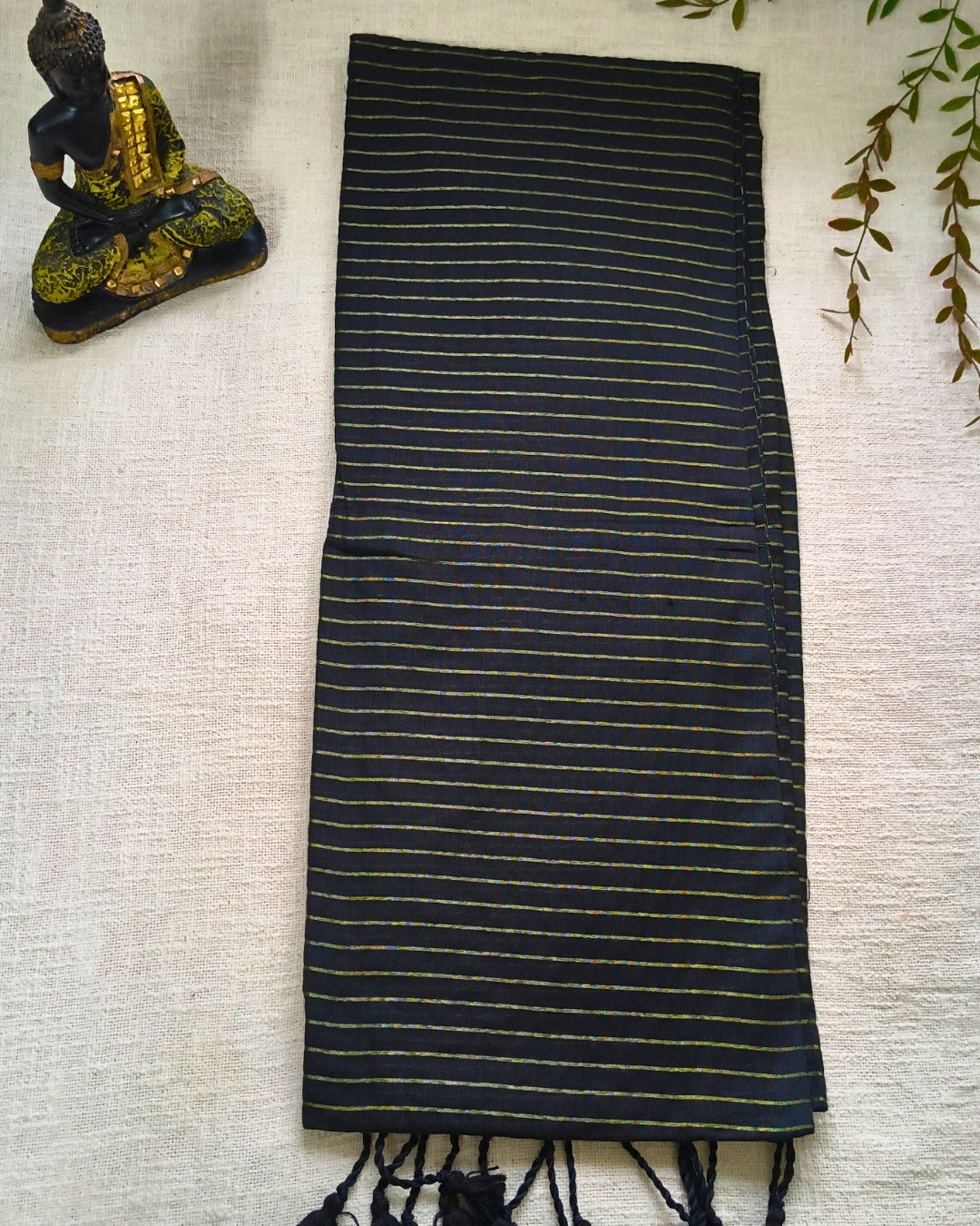 Khadi Cotton Handloom Saree with Zari Stripes - Black