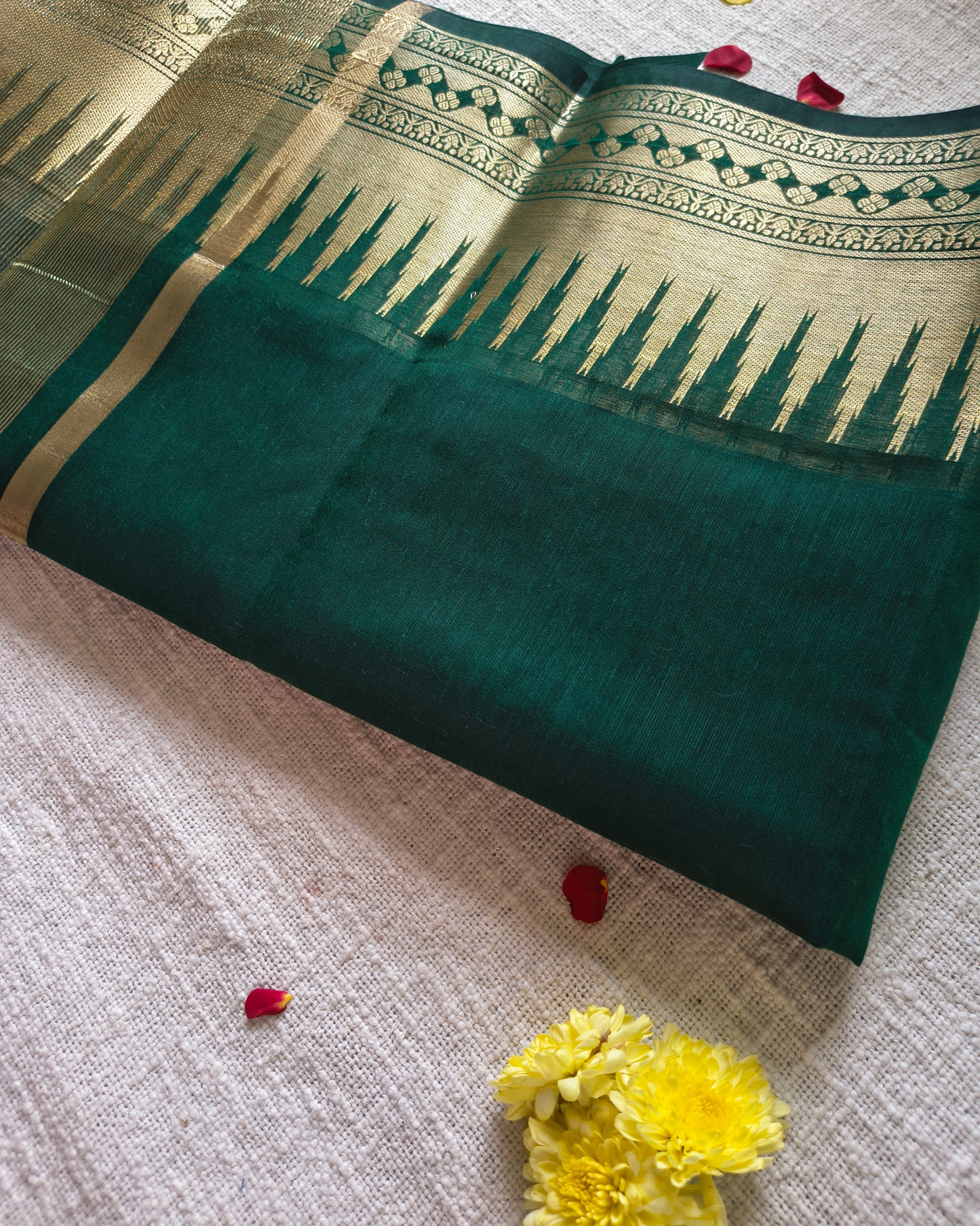 Maheshwari Silk Cotton Saree with Golden Temple Border – Bottle Green MammaHug