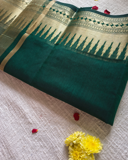 Maheshwari Silk Cotton Saree with Golden Temple Border – Bottle Green MammaHug