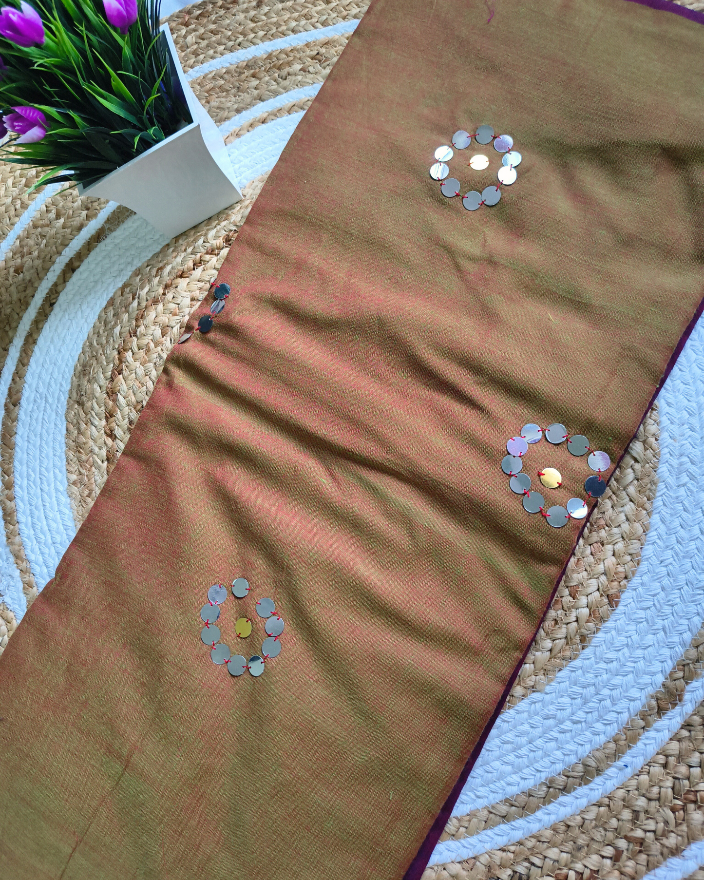 Khadi Cotton Handloom Saree with Mirror design - Green & Magenta