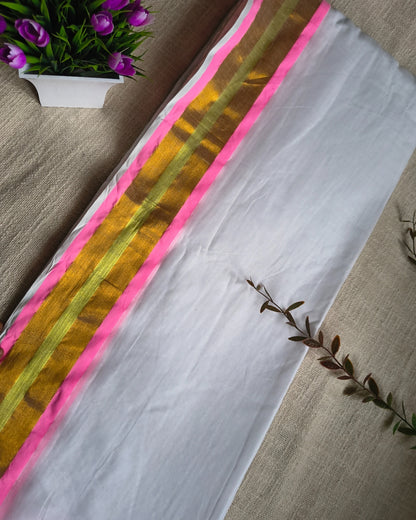 Onam Sarees - 120 tc Mul Cotton Handloom Saree - White & Pink