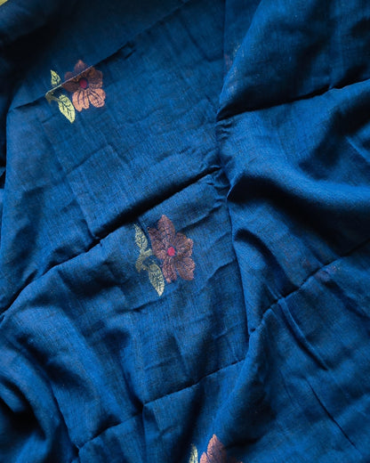 Pure Linen Handloom Saree with Copper Buttas - Blue MammaHug