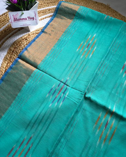 Pure Cotton Handloom Saree with Ikkat Design -Aqua Blue