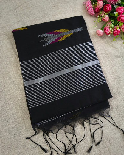 Cotton Silk Handloom Saree Woven with Silver Zari - Black