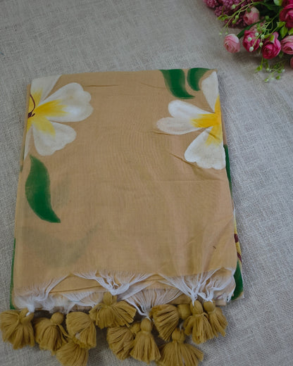 Soft Cotton Handloom Saree with Hand-Painted Floral Design - Sandal