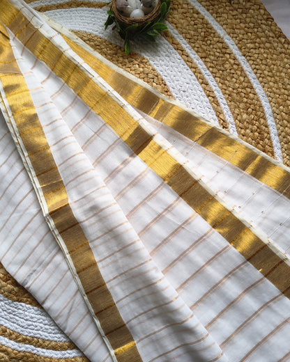 Handloom Mul Cotton Saree with Golden Stripes, Border and Sequence in Pallu - White