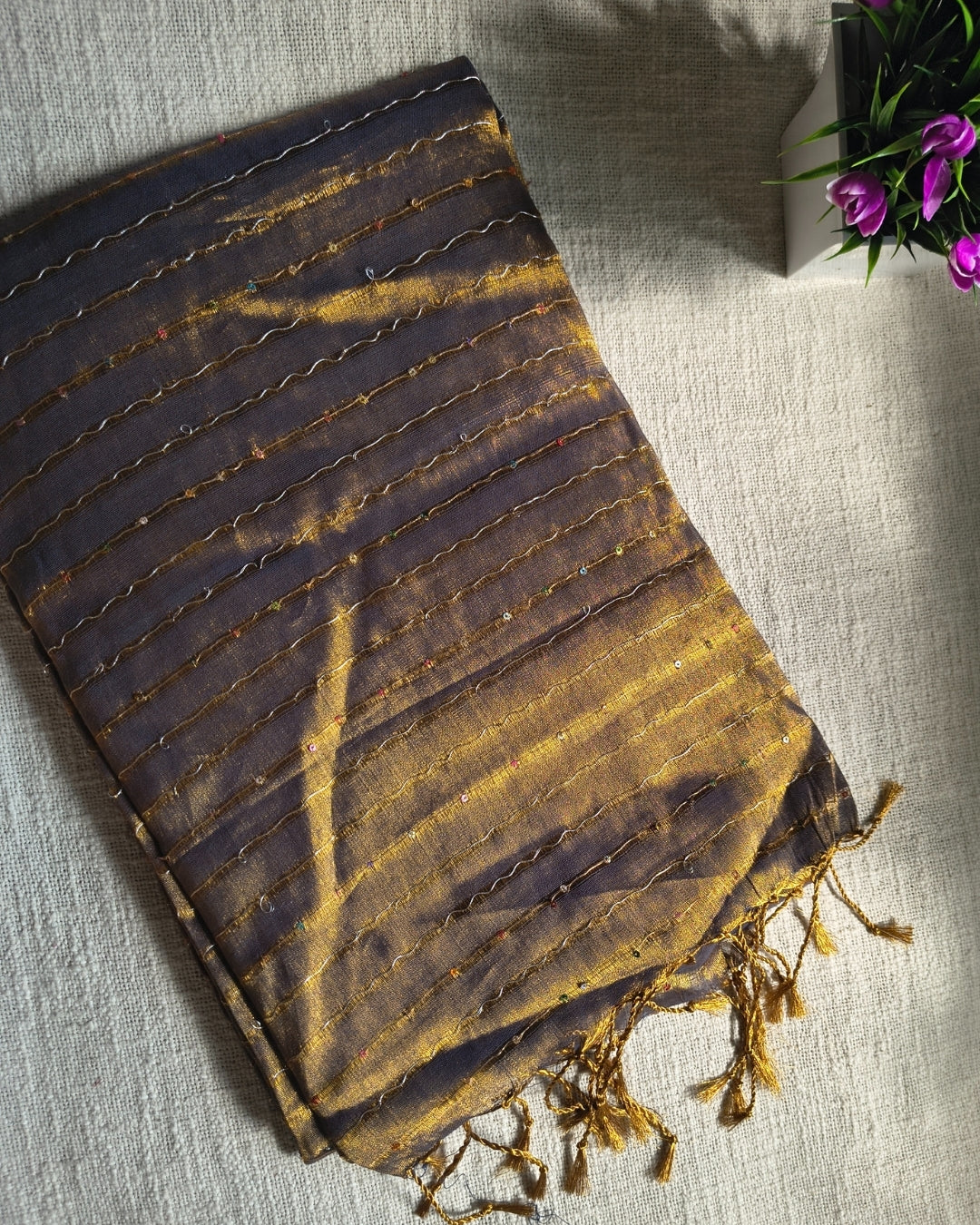 Soft Linen Tissue Saree with Sequins- Golden Brown MammaHug