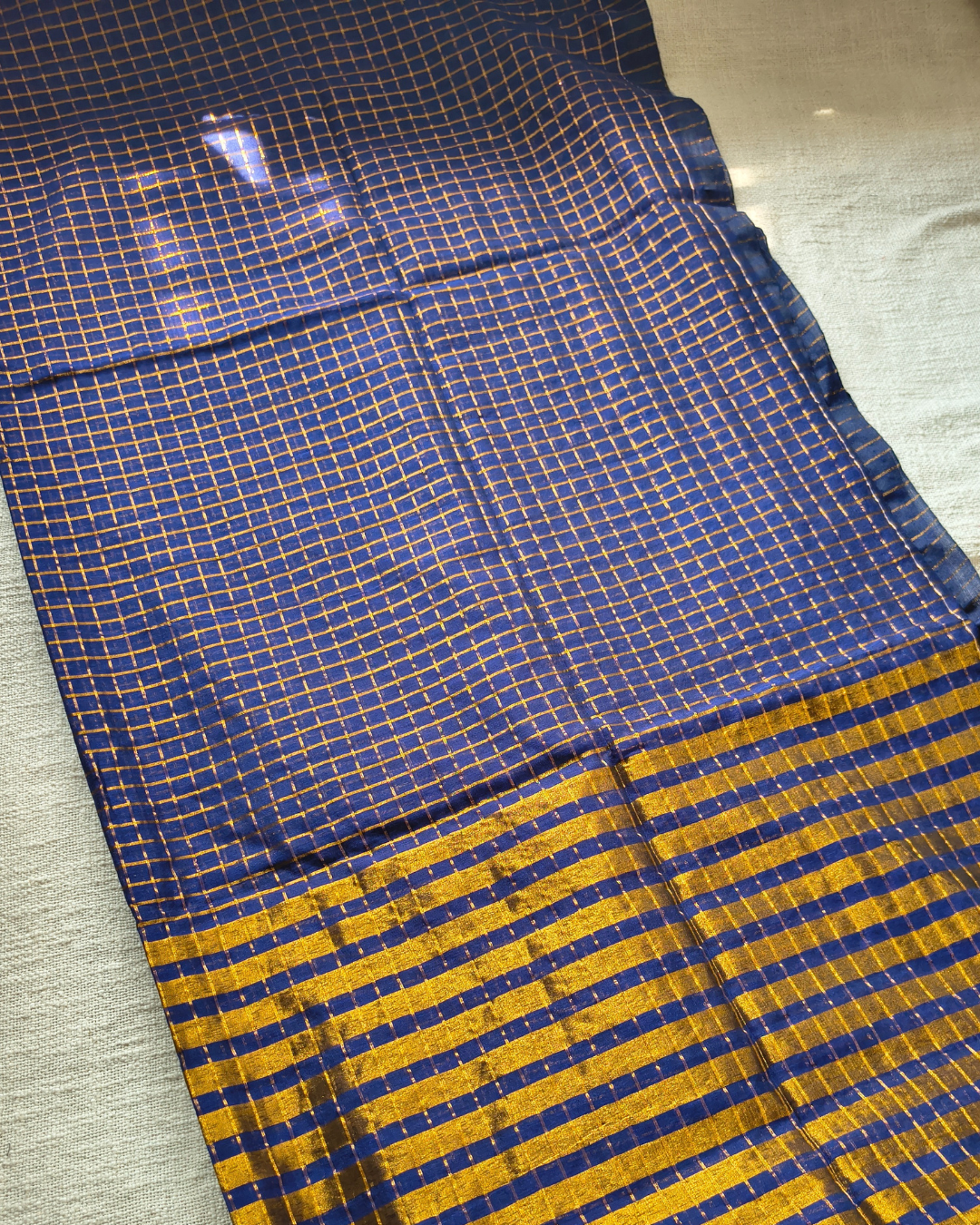 Mul Cotton Zari Checks Handloom Saree - Navy Blue MammaHug