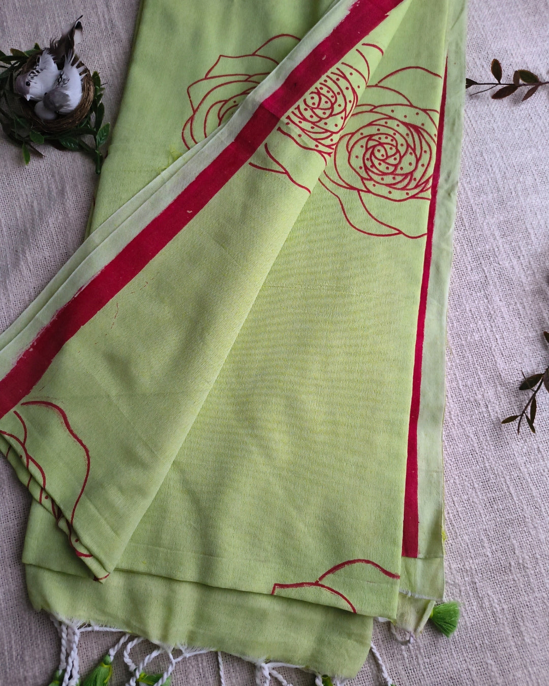 Khadi Cotton Handloom Saree with Printed Floral Design - Light Green