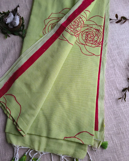 Khadi Cotton Handloom Saree with Printed Floral Design - Light Green