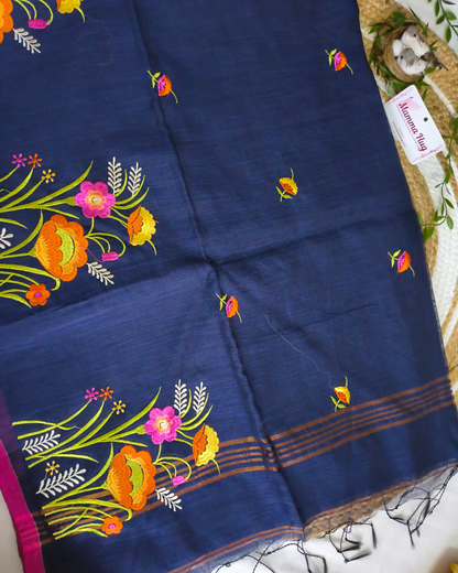 Floral Embroidery Handloom Saree - Slub Cotton (Navy Blue)