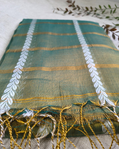 Soft Linen Tissue Saree with Golden Zari weaving - Antique Green