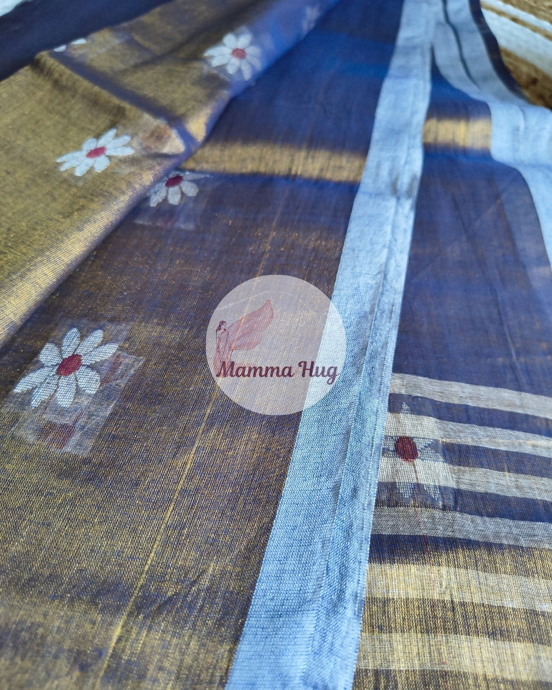 Handloom Cotton Tissue Saree with Machine Embroidery Design - Golden Blue