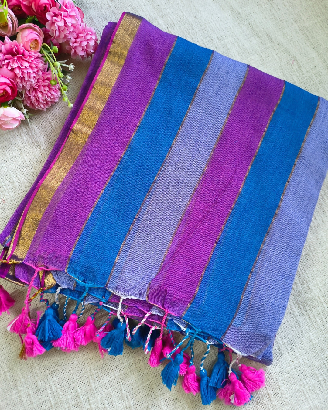 Premium Rainbow Mul Cotton Handloom Saree with Beautiful tassels - Purple