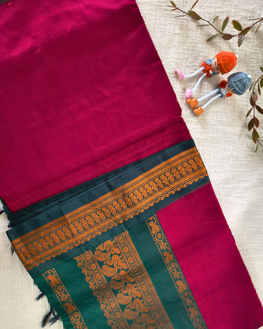 Premium Kalyani Cotton Plain Saree with Zari Border - Red