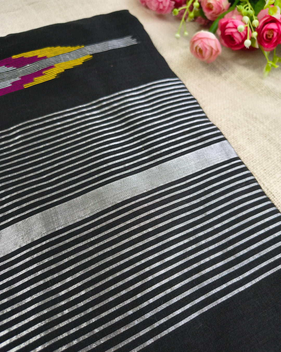 Cotton Silk Handloom Saree Woven with Silver Zari - Black
