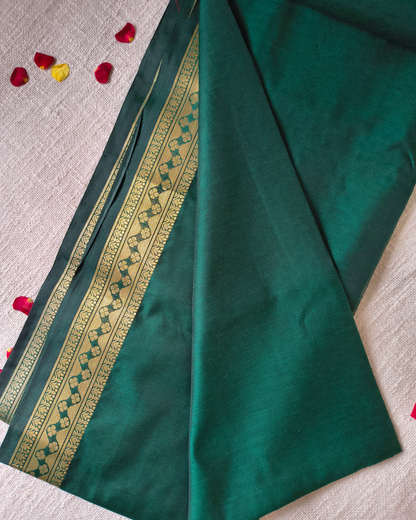 Maheshwari Silk Cotton Saree with Golden Temple Border – Bottle Green MammaHug