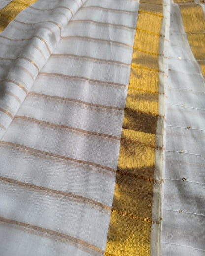 Handloom Mul Cotton Saree with Golden Stripes, Border and Sequence in Pallu - White