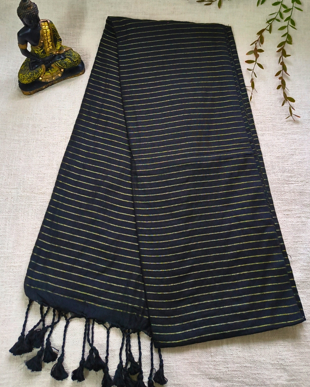 Khadi Cotton Handloom Saree with Zari Stripes - Black