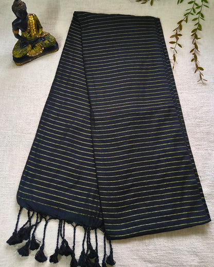 Khadi Cotton Handloom Saree with Zari Stripes - Black