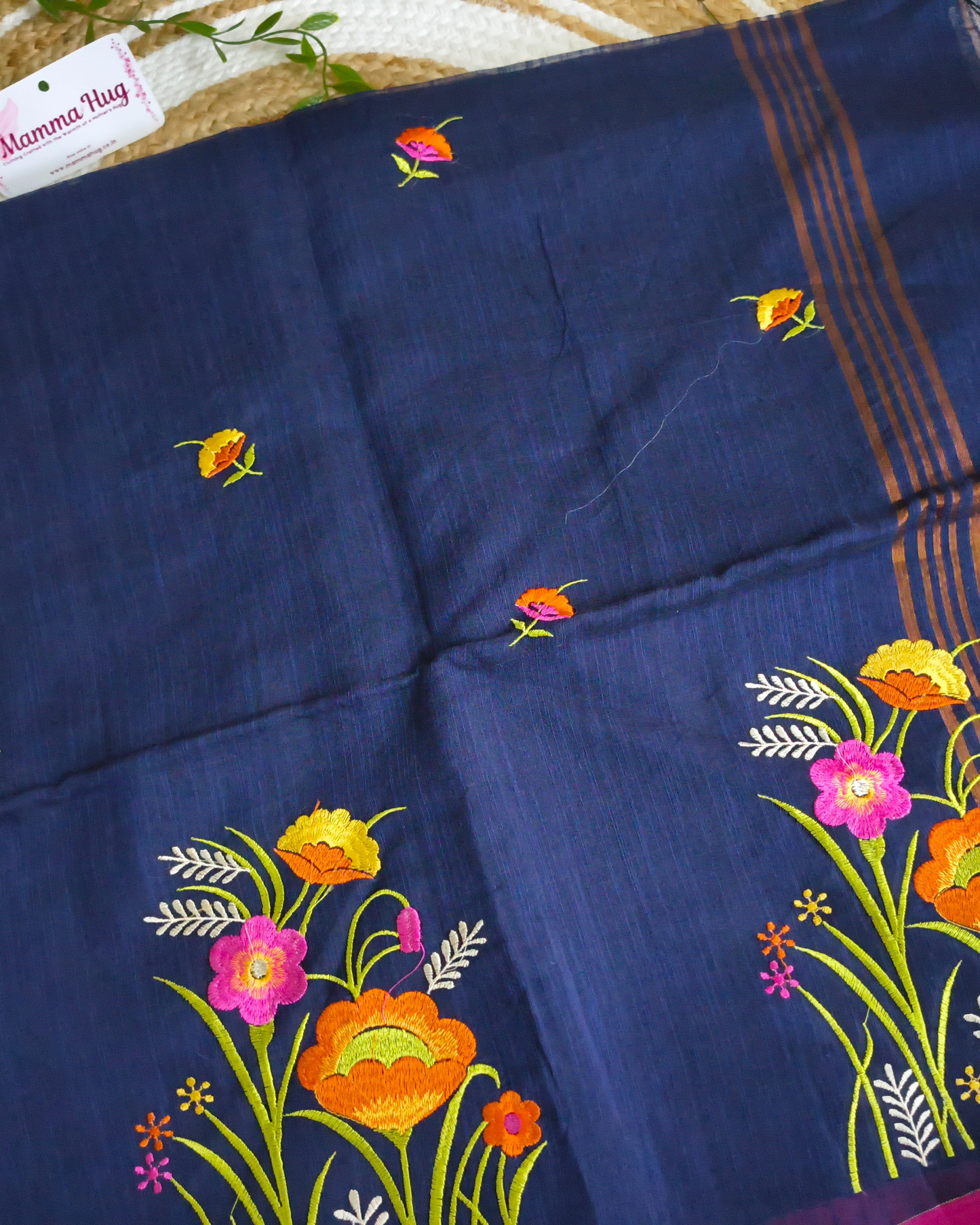 Floral Embroidery Handloom Saree - Slub Cotton (Navy Blue)