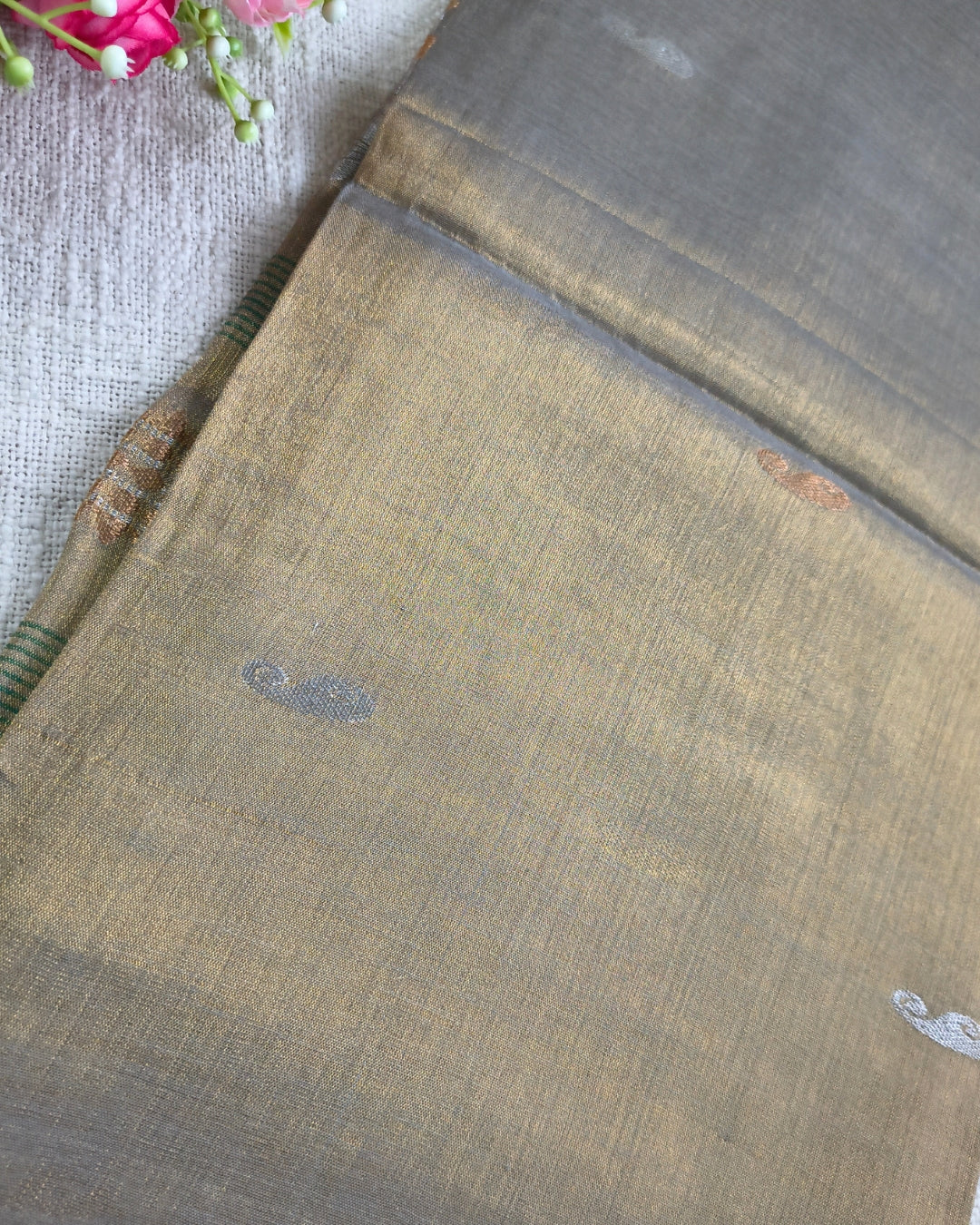 Soft Linen Tissue Saree with Golden Silver Zari weaving - Copper Golden
