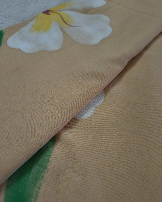 Soft Cotton Handloom Saree with Hand-Painted Floral Design - Sandal