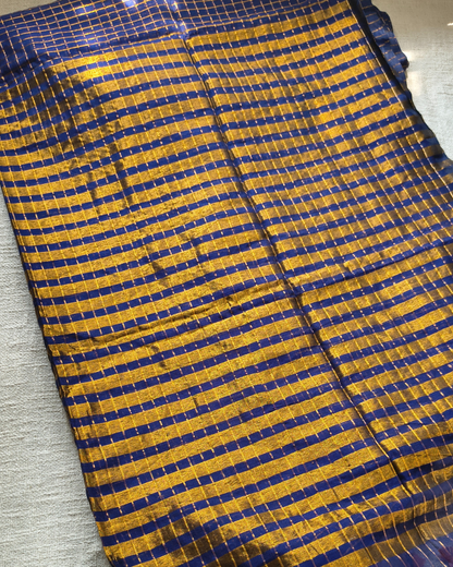 Mul Cotton Zari Checks Handloom Saree - Navy Blue MammaHug