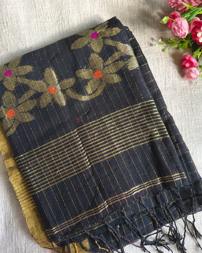 Linen By Linen Handloom Saree Floral Jamdhani Weaving - Black MammaHug