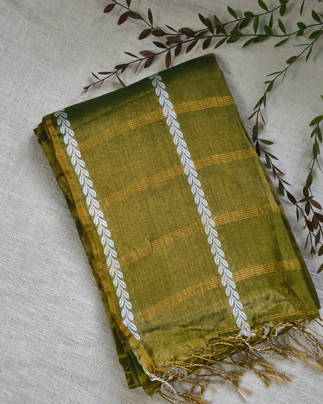 Soft Linen Tissue Saree with Golden Zari weaving - Olive Green