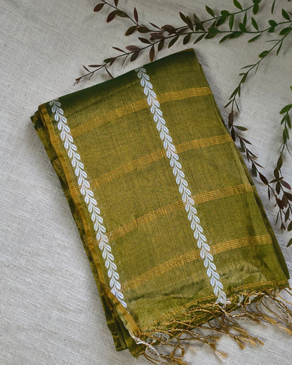 Soft Linen Tissue Saree with Golden Zari weaving - Olive Green