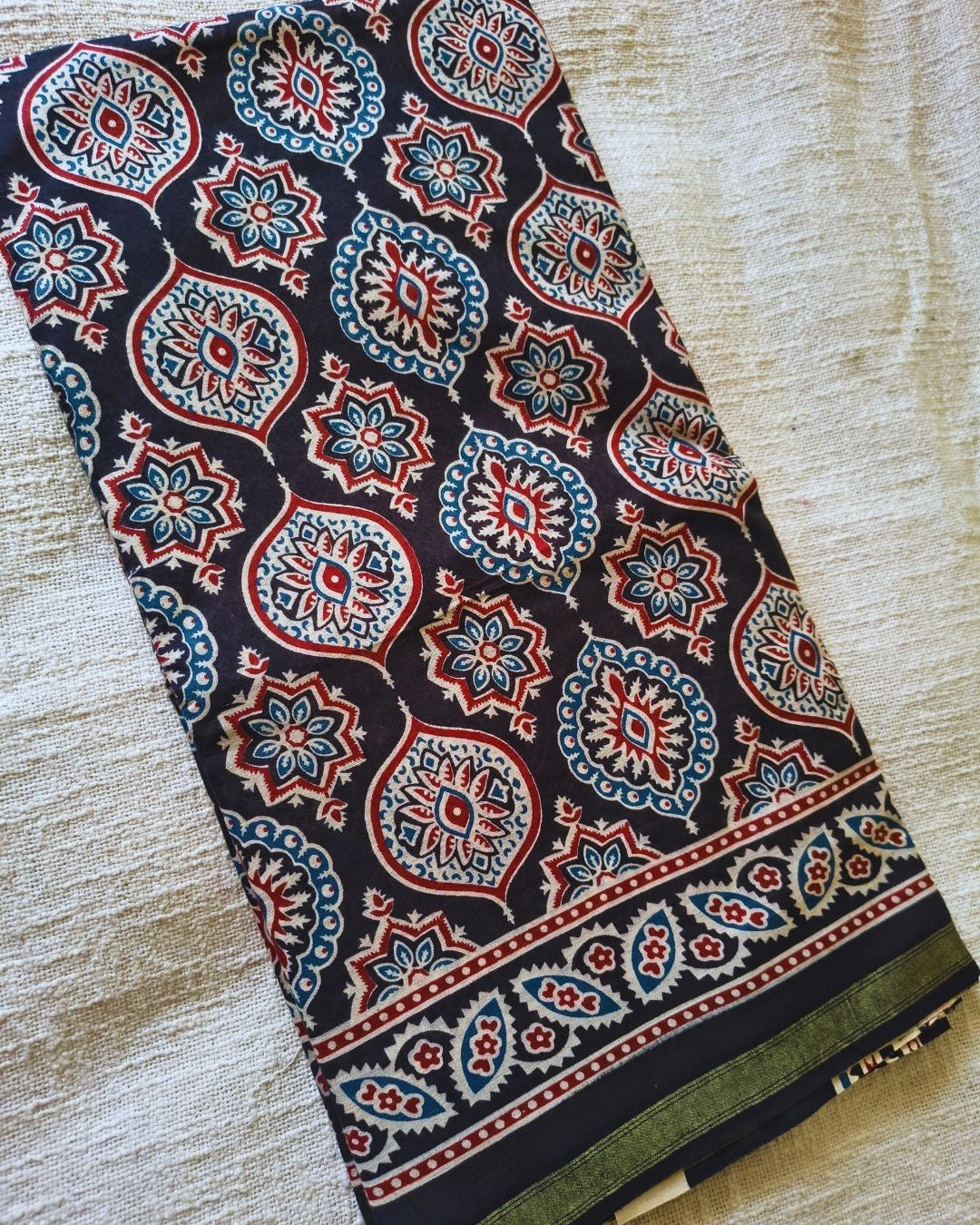 Ajrakh Block Print 120s Mul Cotton Saree - Black MammaHug