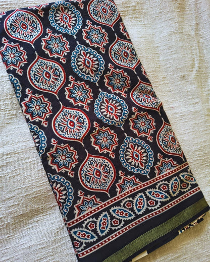 Ajrakh Block Print 120s Mul Cotton Saree - Black MammaHug