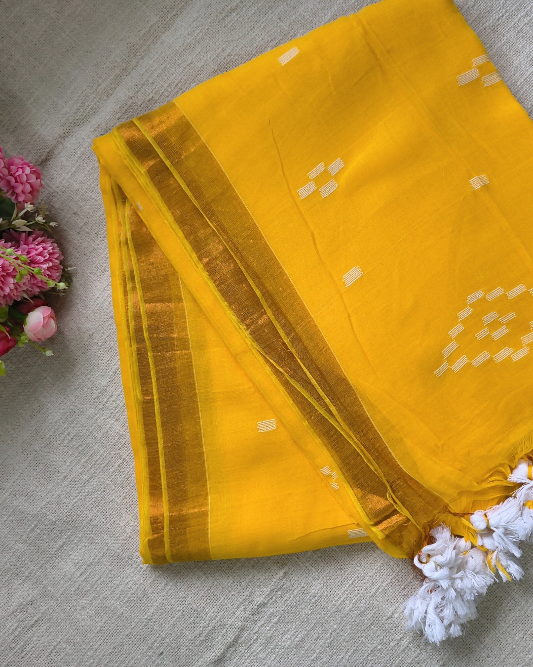 Pure Cottom Handloom Saree - Small Copper Border - Mango Yellow