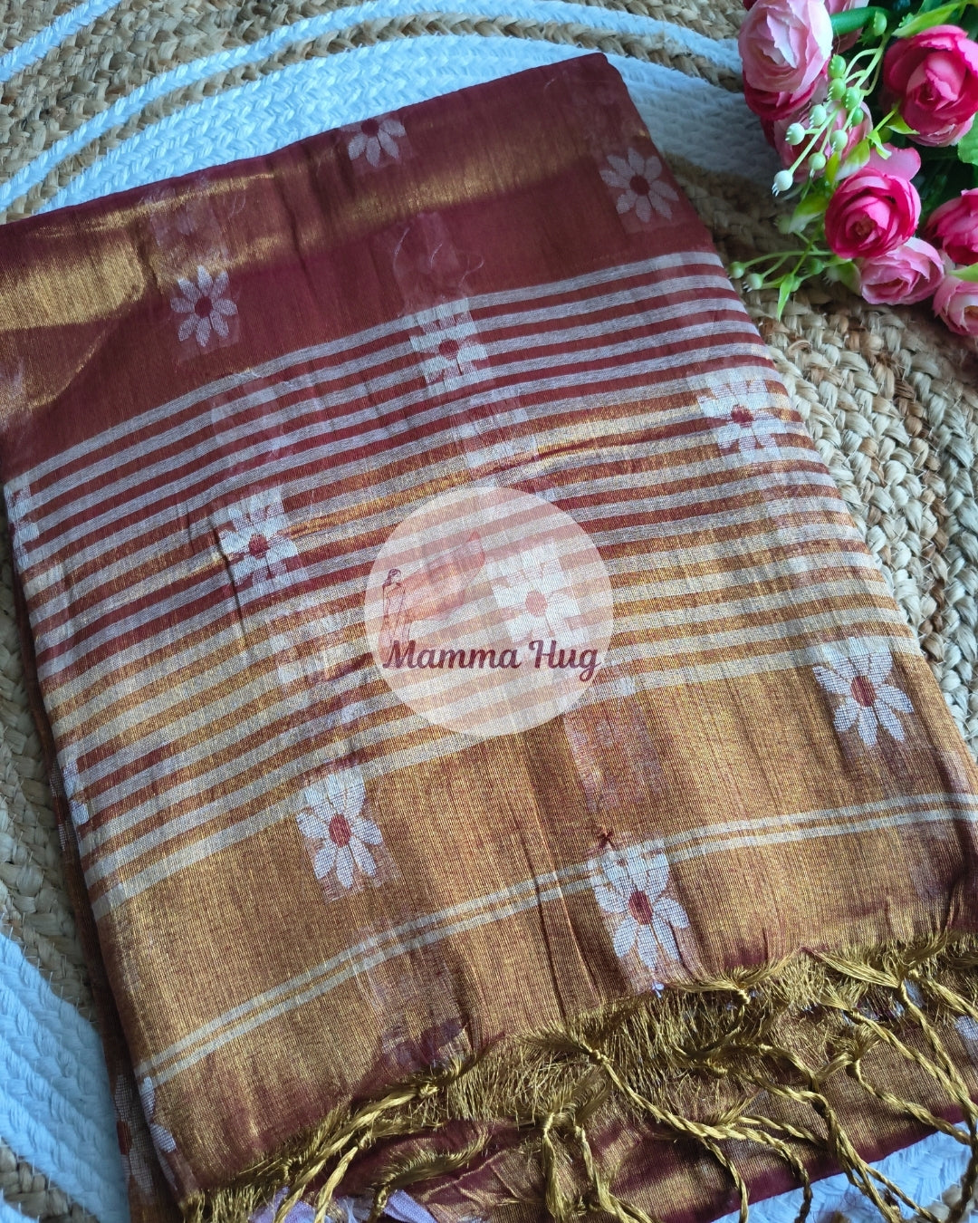 Handloom Cotton Tissue Saree with Machine Embroidery Design - Red