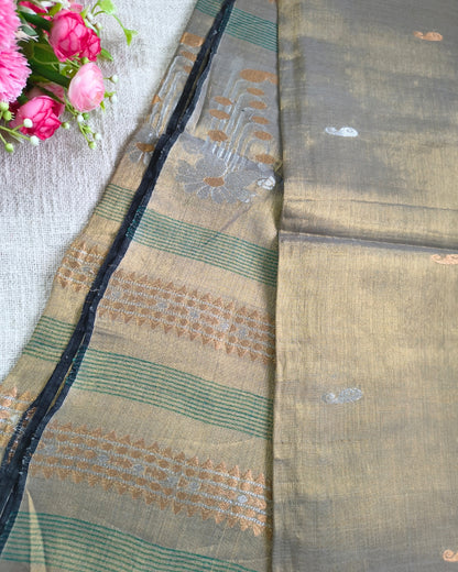 Soft Linen Tissue Saree with Golden Silver Zari weaving - Copper Golden