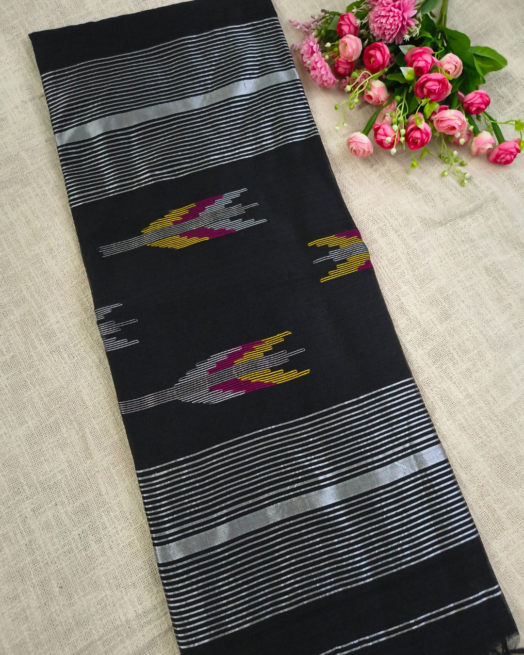 Cotton Silk Handloom Saree Woven with Silver Zari - Black