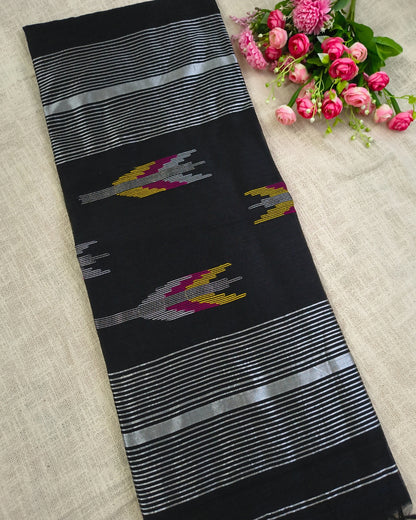 Cotton Silk Handloom Saree Woven with Silver Zari - Black