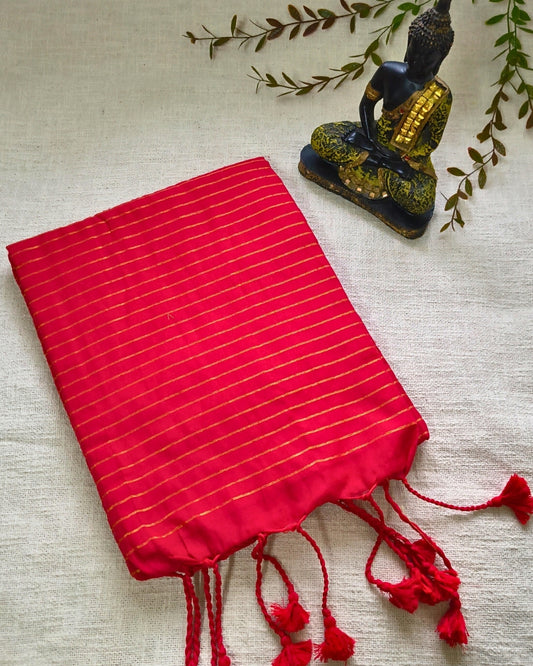 Khadi Cotton Handloom Saree with Zari Stripes - Red