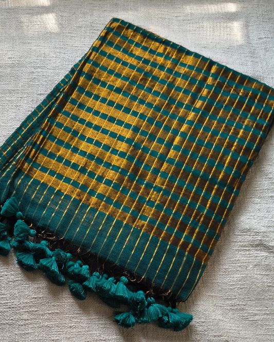 Mul Cotton Zari Checks Handloom Saree - Bottle Green MammaHug