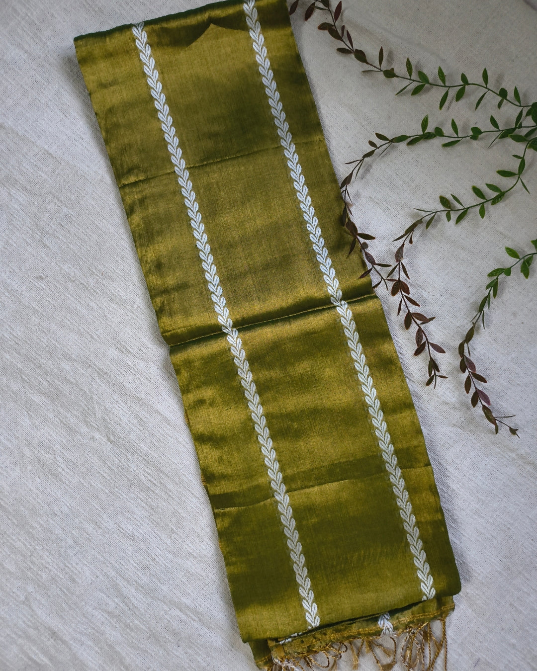 Soft Linen Tissue Saree with Golden Zari weaving - Olive Green