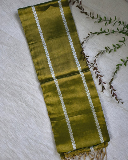 Soft Linen Tissue Saree with Golden Zari weaving - Olive Green