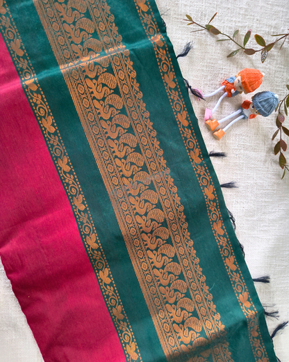 Premium Kalyani Cotton Plain Saree with Zari Border - Red