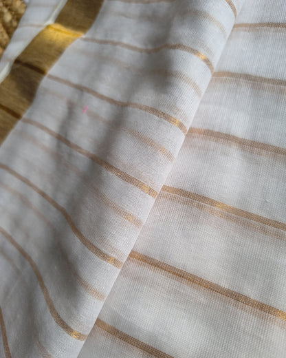 Handloom Mul Cotton Saree with Golden Stripes, Border and Sequence in Pallu - White