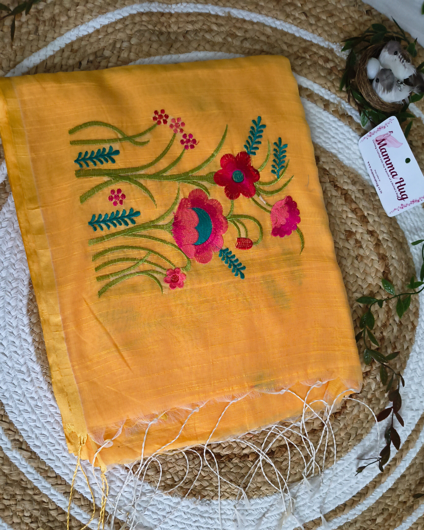 Floral Embroidery Handloom Saree - Slub Cotton (Marigold Mist)