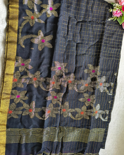 Linen By Linen Handloom Saree Floral Jamdhani Weaving - Black MammaHug