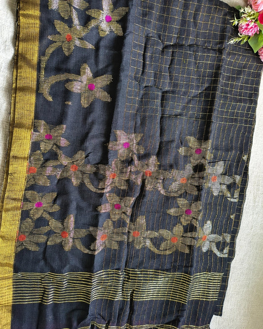 Linen By Linen Handloom Saree Floral Jamdhani Weaving - Black MammaHug